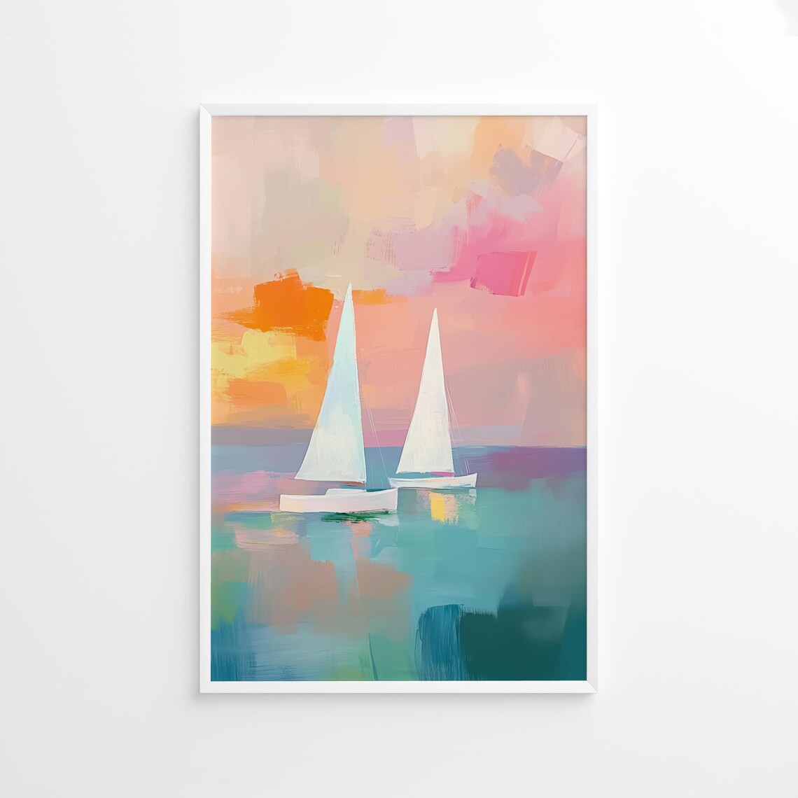 Two Sailboats Pastel Sunset Abstract Coastal Seascape Art Poster