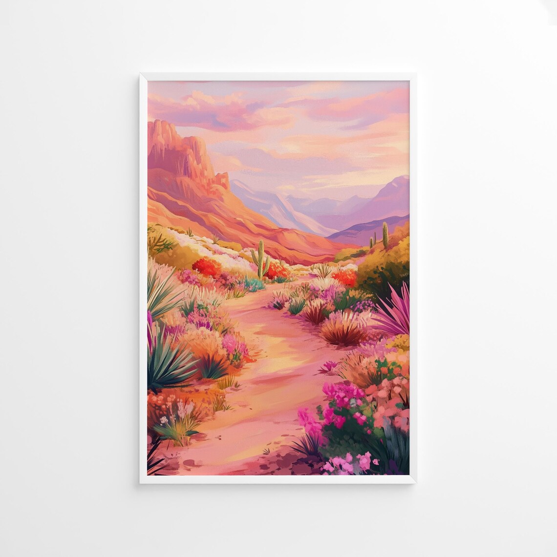 Desert Wildflower Trail Sunset Saguaro Cactus Canyon Landscape Poster