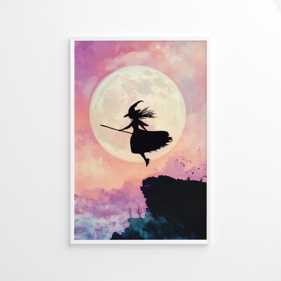 Witch Flying Poster Pastel Halloween Wall Art With Full Moon For Magical Spooky Decor