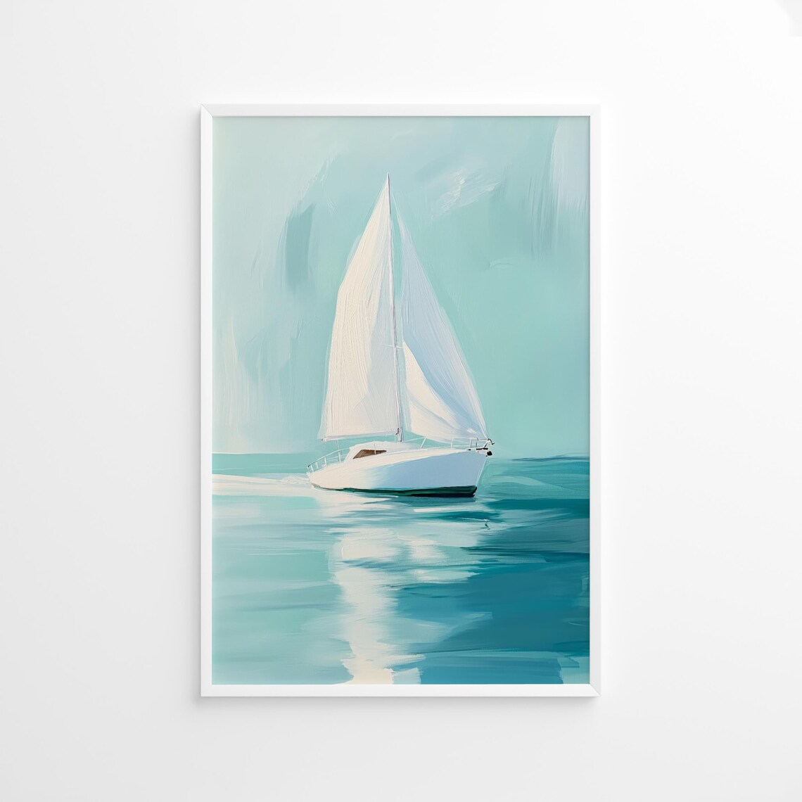 White Sailboat on Calm Turquoise Sea Minimalist Coastal Wall Art