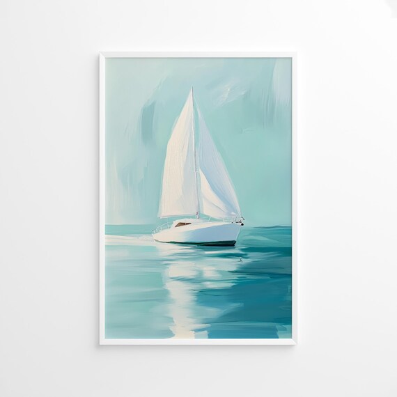 White Sailboat on Calm Turquoise Sea Minimalist Coastal Wall Art