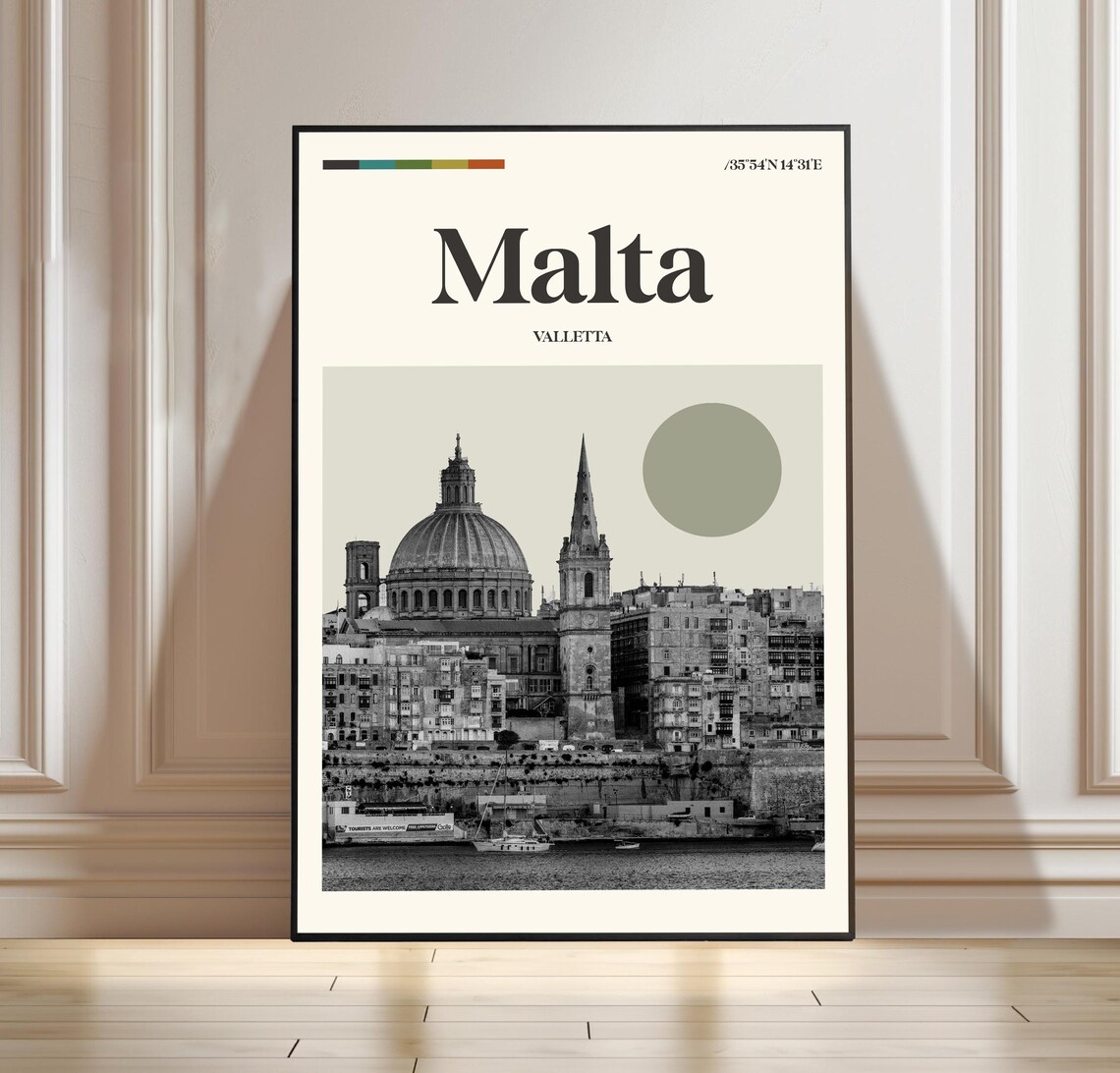 Malta Valletta Mid Century Historic City Harbor Travel Poster