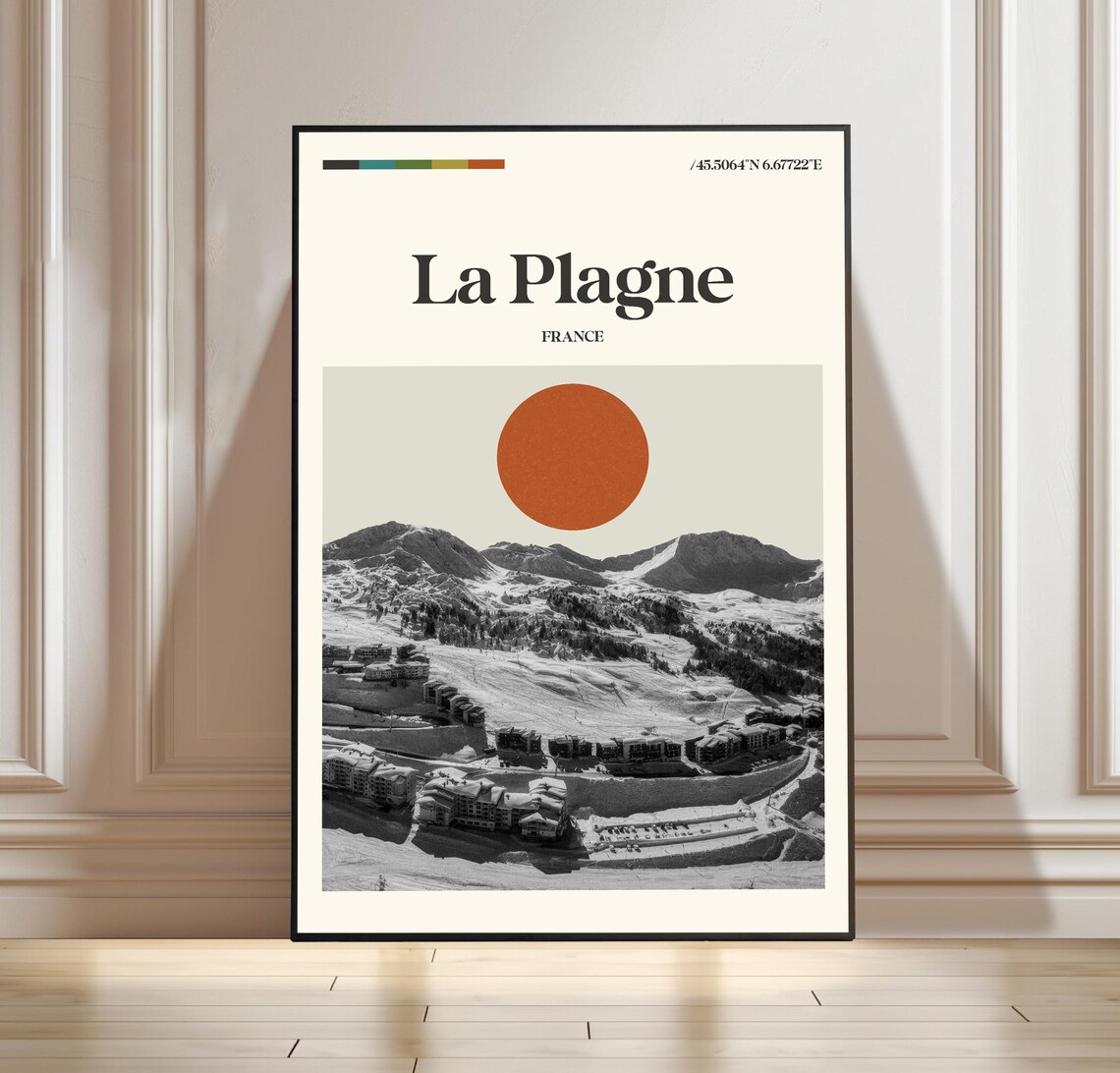 La Plagne France Minimalist Travel Poster with Coordinates Sun Disc