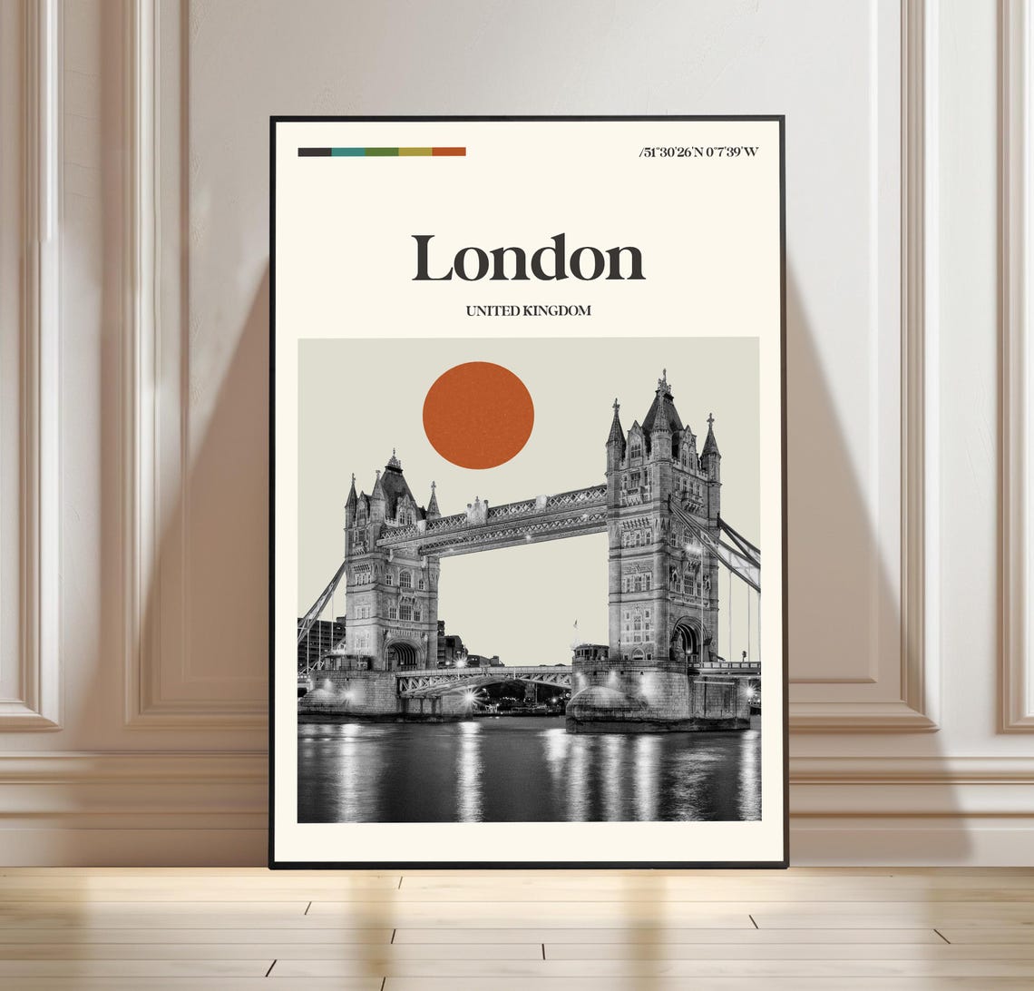 London Tower Bridge Minimalist Travel Poster with Burnt Orange Sun Art