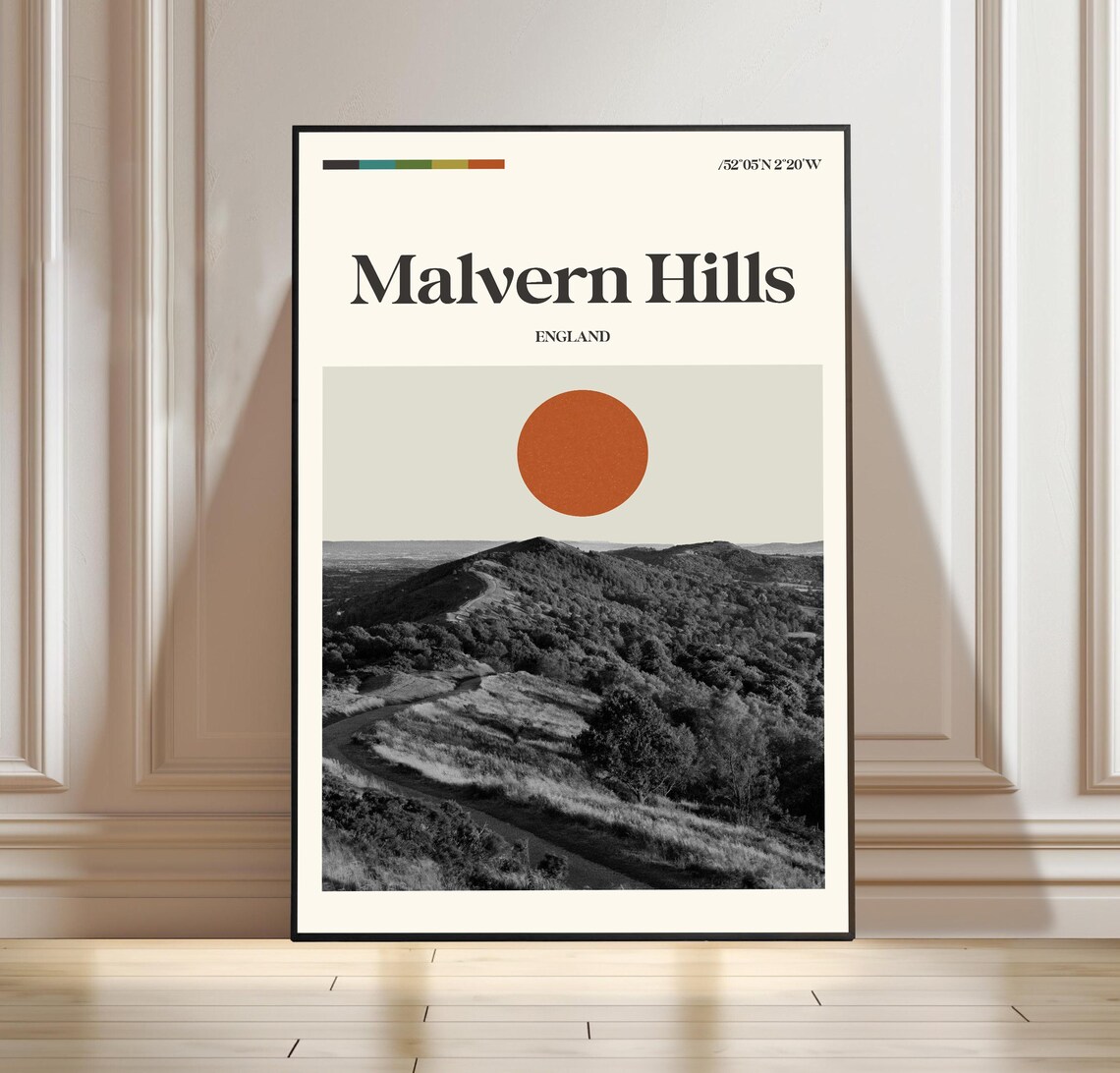 Malvern Hills England Mid Century Rolling Hills Travel Poster