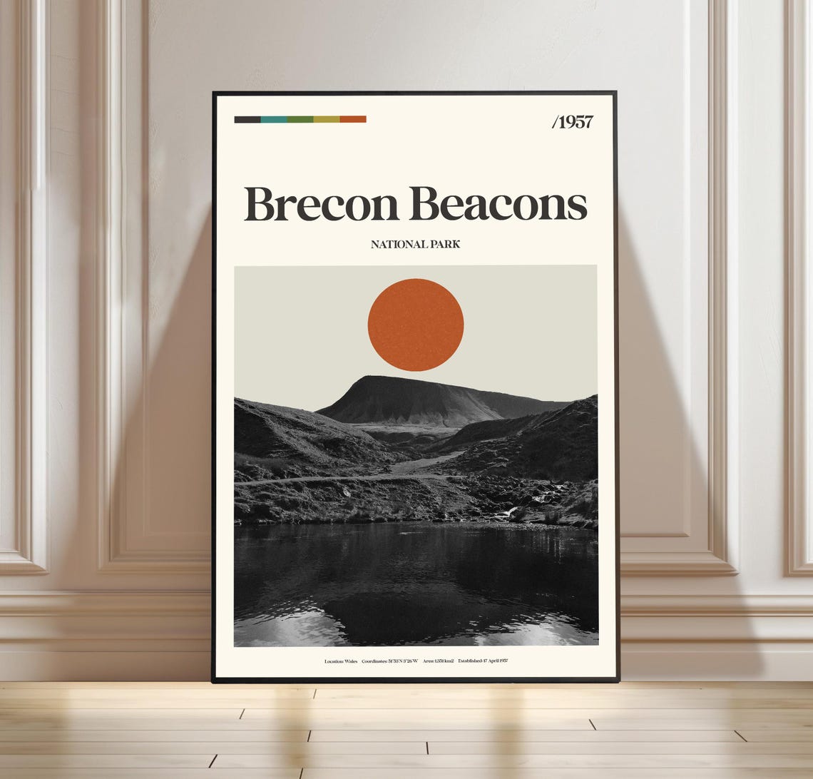 Brecon Beacons National Park Wales Lake Red Sun Vintage Poster
