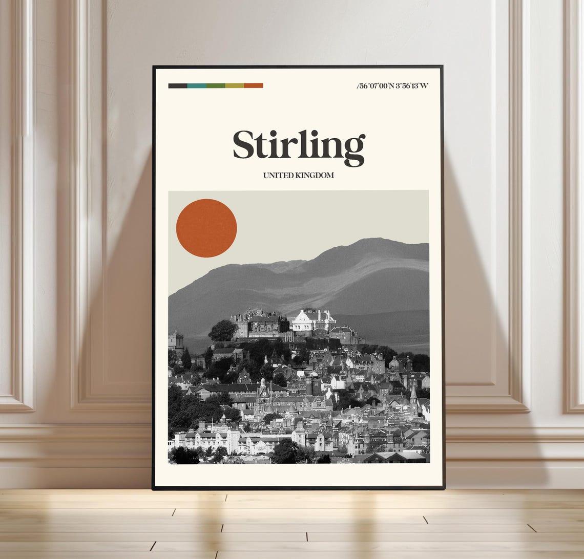 Stirling United Kingdom Castle Over Town Boho Travel Poster Decor