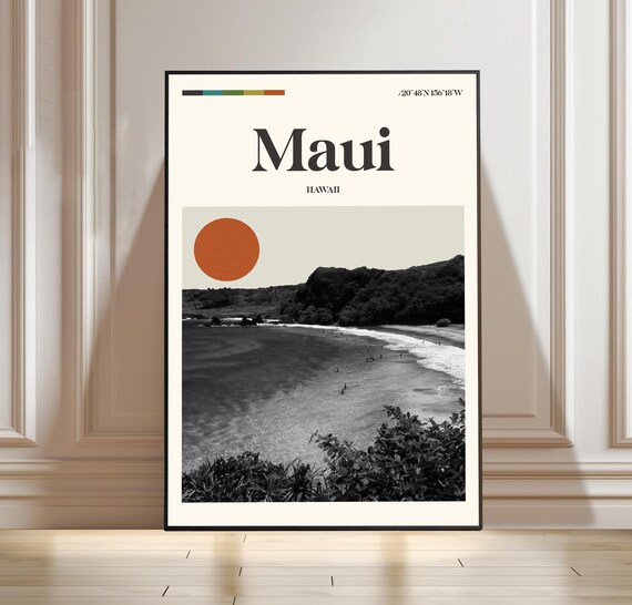 Maui Hawaii Island Beach Black And White Vintage Travel Poster