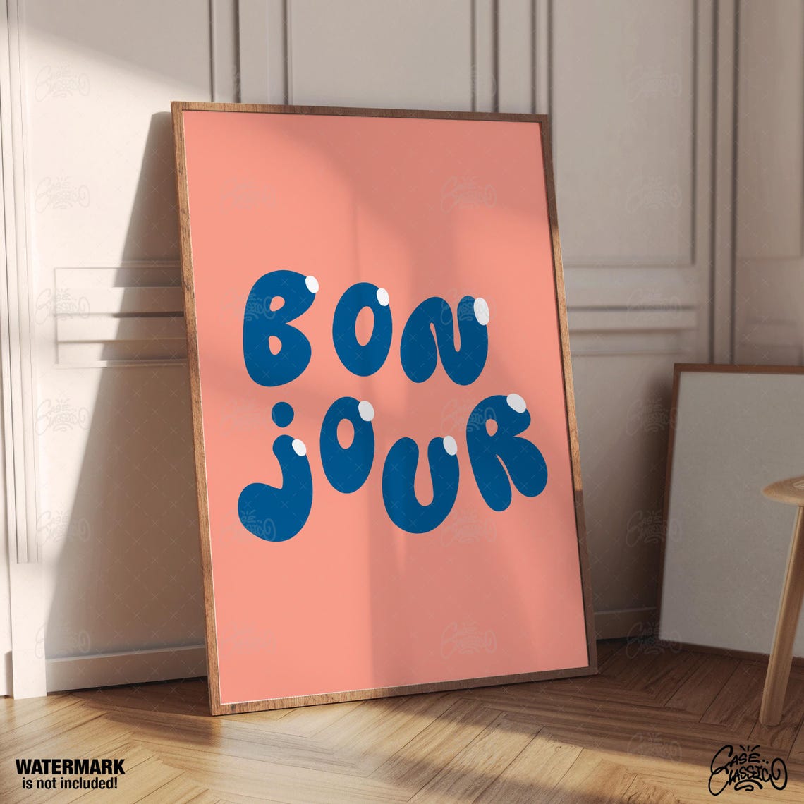 Bonjour Retro Bubble Letters Quote Typography Poster Wall Decor