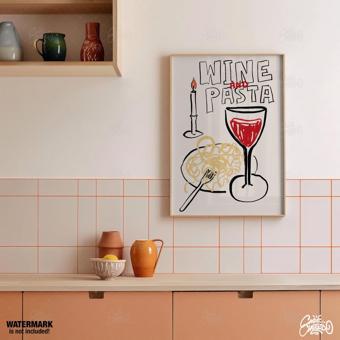 Wine And Pasta Cute Fun Hand Drawn Kitchen Illustration Poster