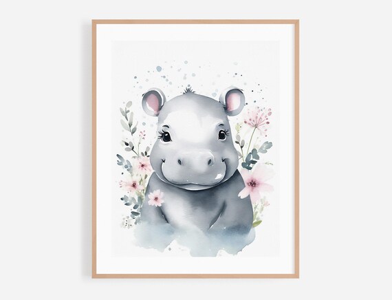 Smiling Baby Hippo Watercolor Nursery Portrait Flowers Poster