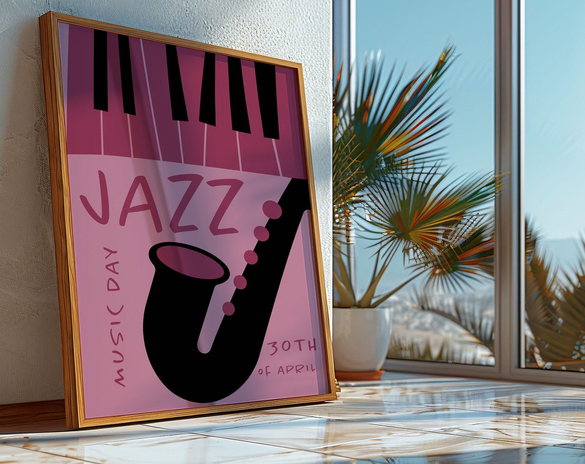 Jazz Music Day April 30 Black Saxophone On Pink Graphic Poster