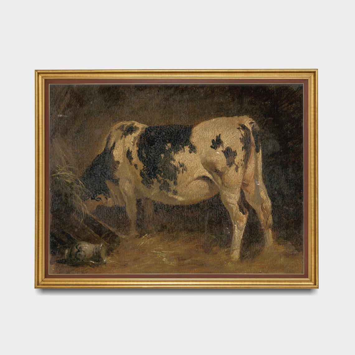 Black and White Spotted Cow in a Dark Barn Moody Farm Animal Poster - Image 4