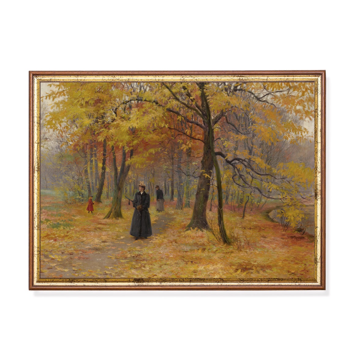 Autumn Park Stroll with Elegant Figures Vintage Landscape Poster