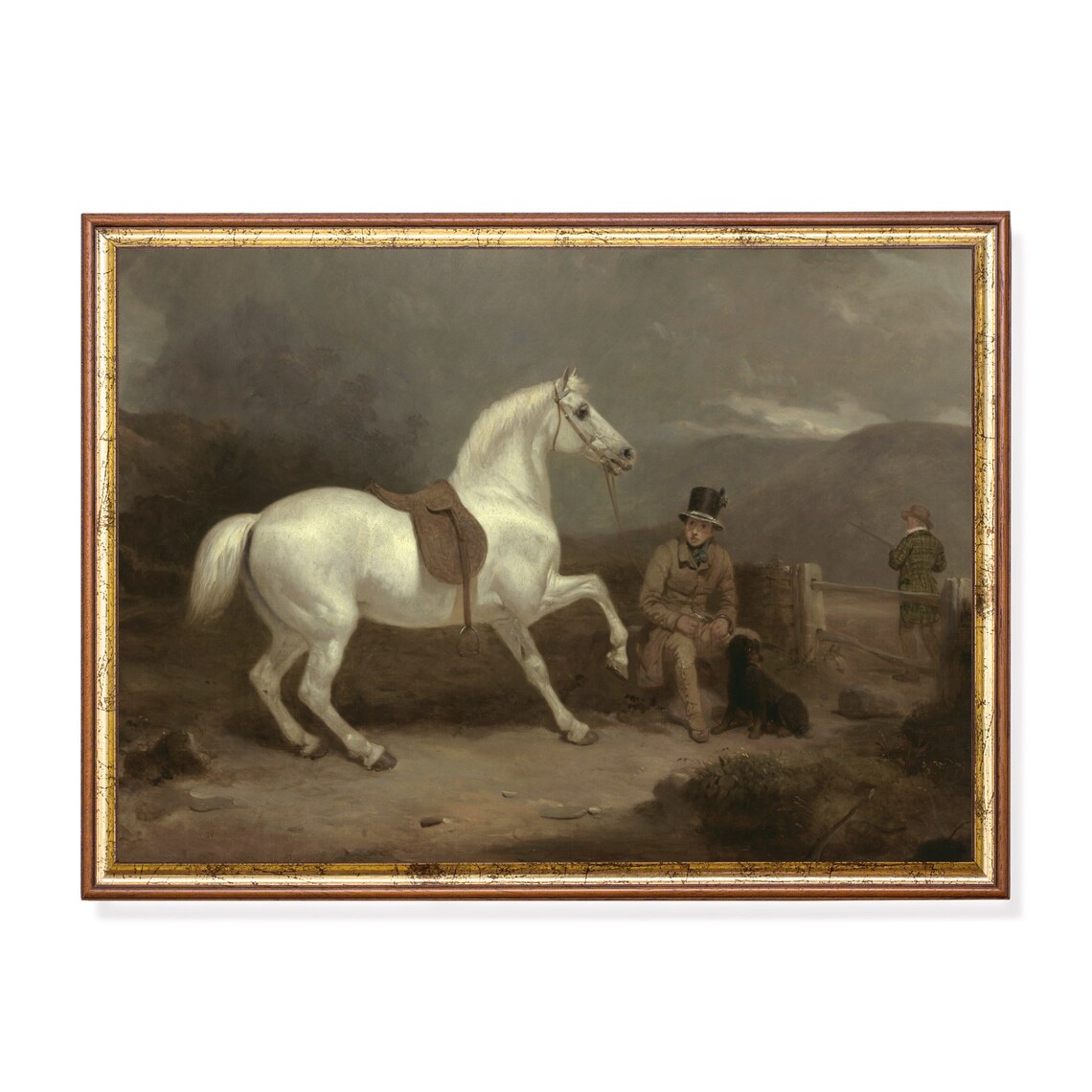 Vintage Equestrian Painting of a White Horse With a Rider Poster