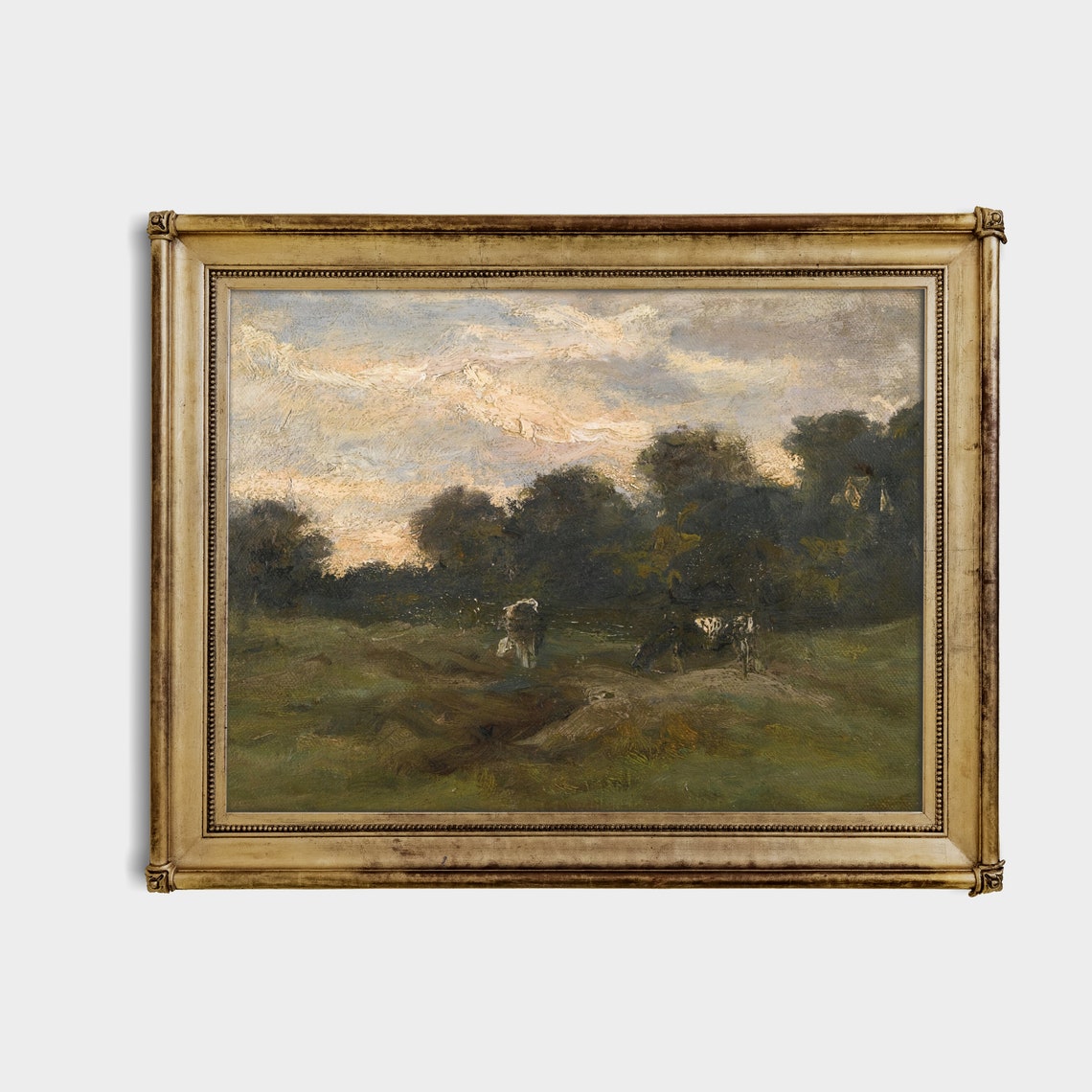 Cows Grazing in Meadow at Stormy Dusk Vintage Oil Painting Poster - Image 3