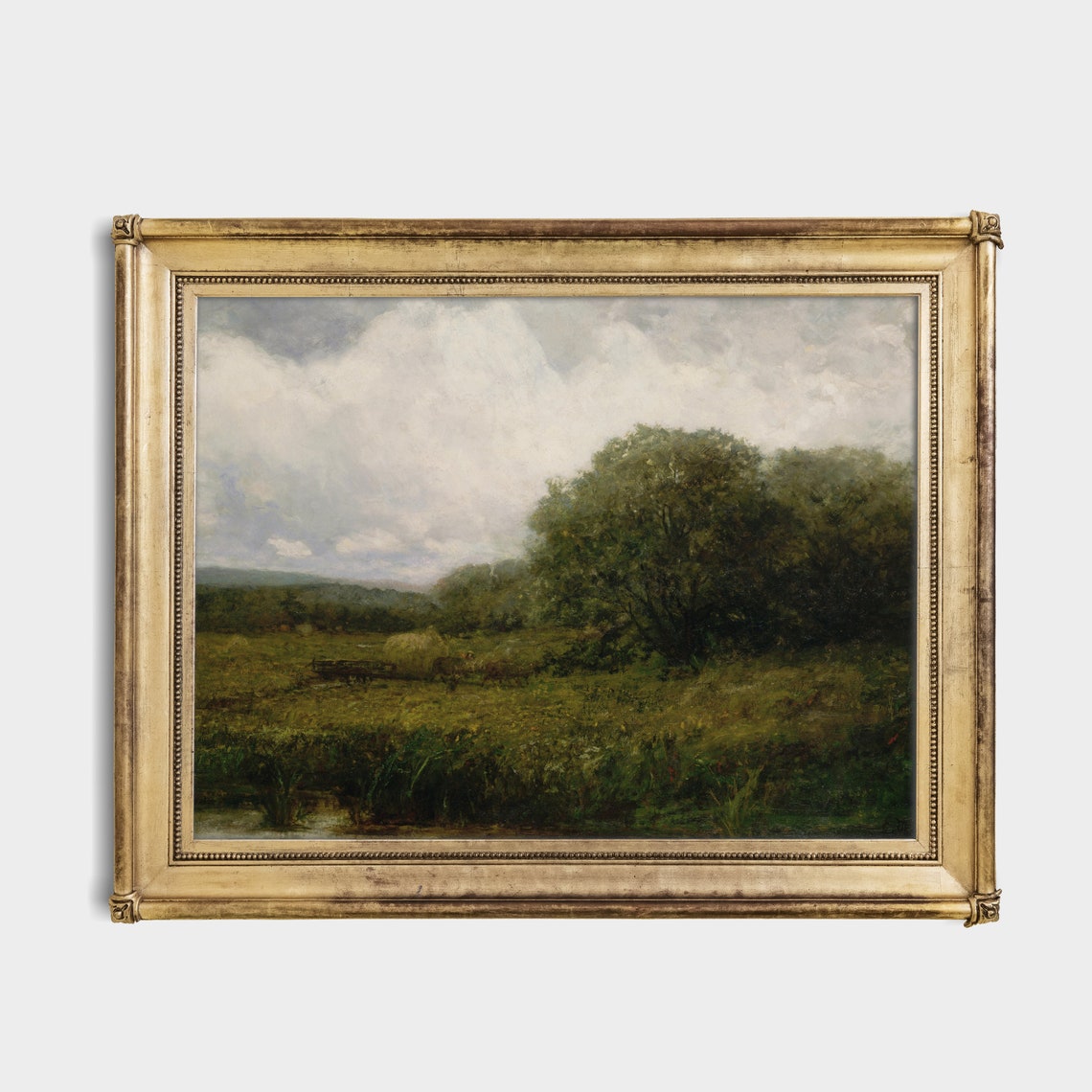 Meadow Stream Haystacks Overcast Sky Antique Country Landscape Poster - Image 4