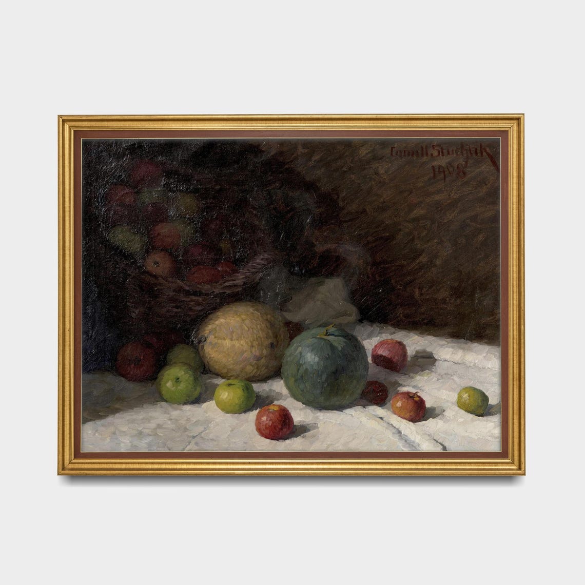 Vintage Fruit Still Life Apples Melons Basket Dark Moody Art Poster - Image 5