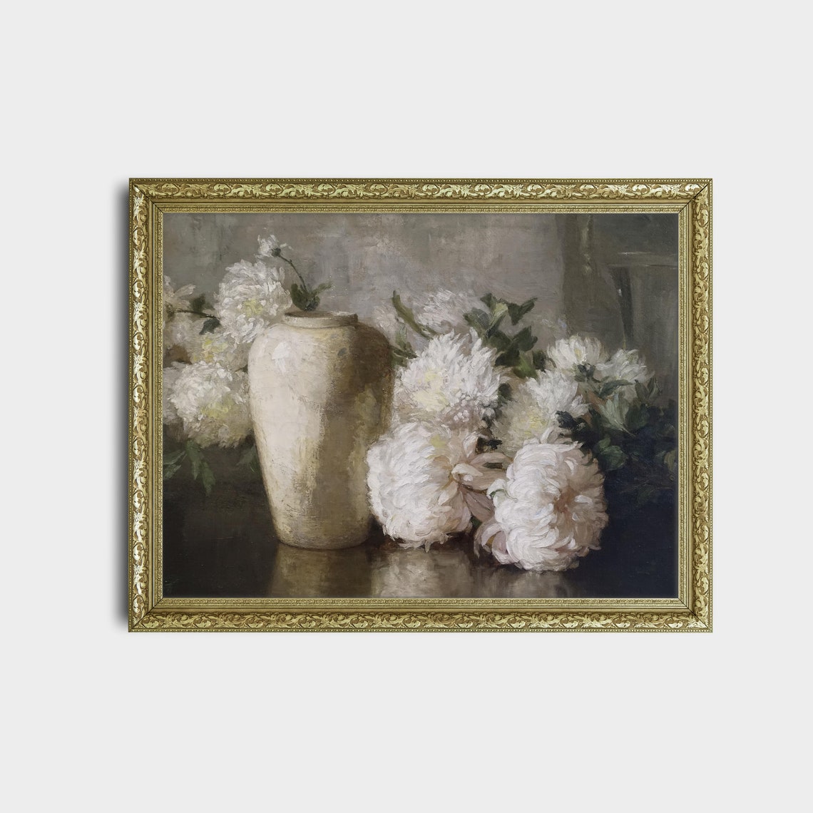 White Chrysanthemums Beside Pale Ceramic Vase Vintage Floral Poster - Image 2