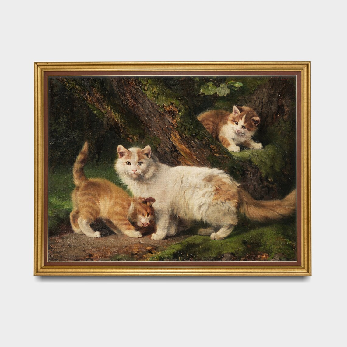 White Cat With Orange Kittens By Old Tree Vintage Cat Painting Poster - Image 3