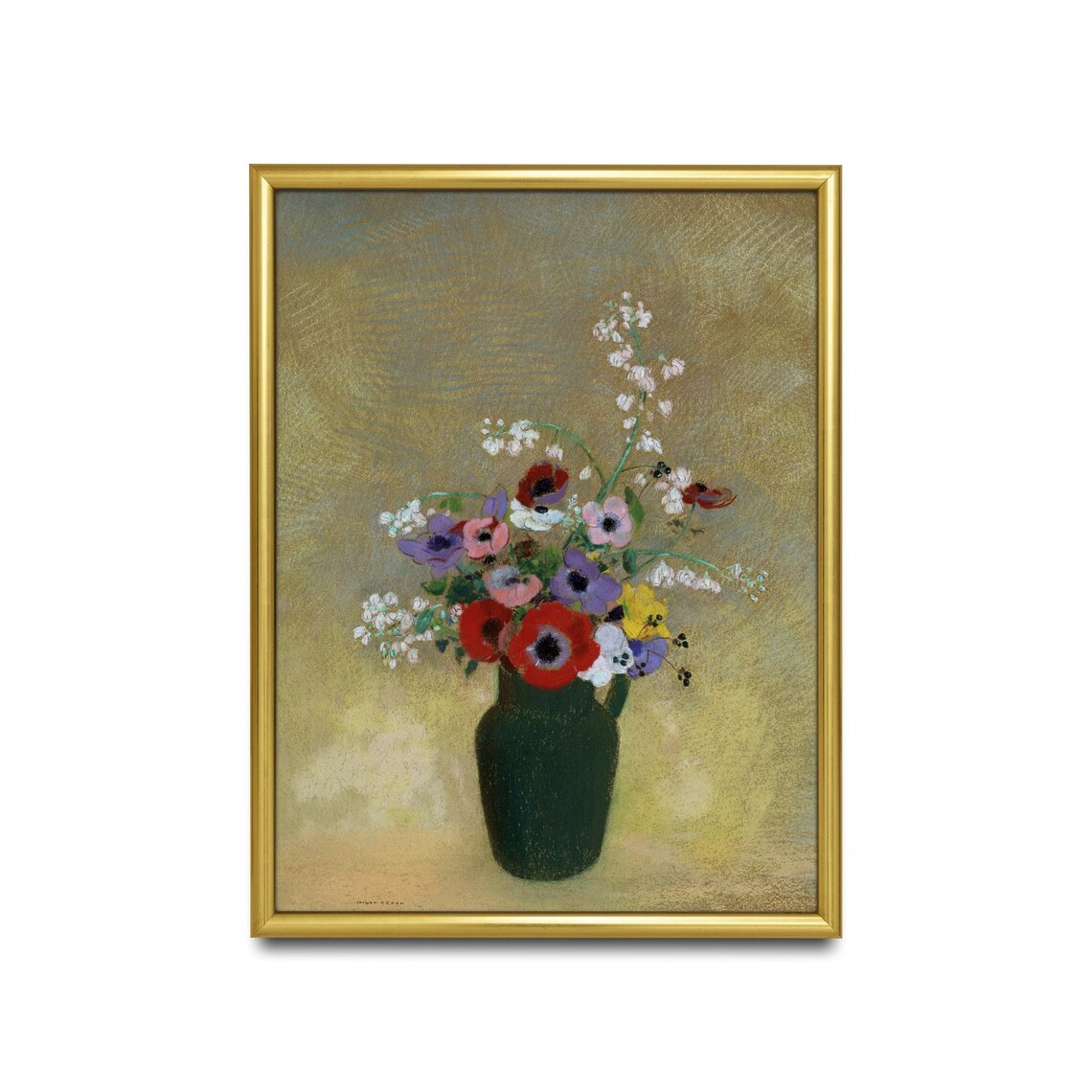 Pastel Wildflower Bouquet Green Vase Gold Ground Floral Art Poster - Image 2