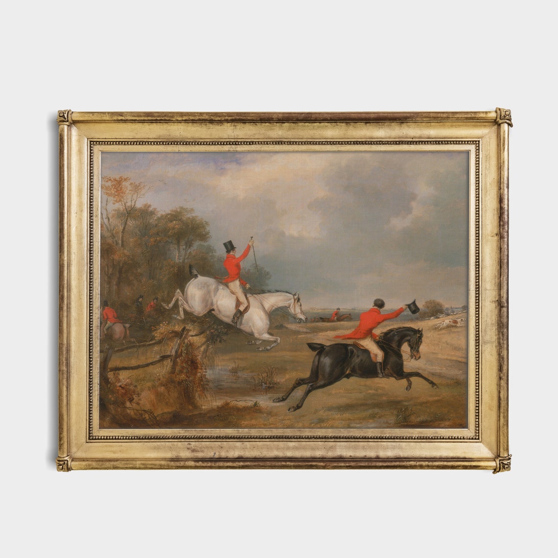 Two Fox Hunters Jumping Fences in Red Coats Vintage Sporting Poster - Image 2