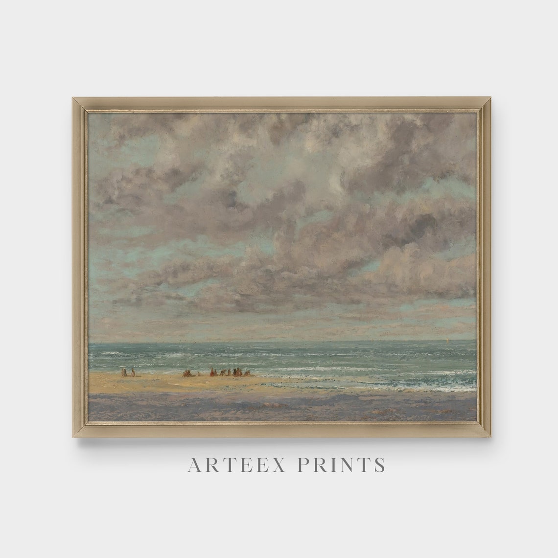Vintage Cloudy Beach Bathers Calm Sea Dramatic Sky Oil Painting Poster - Image 3