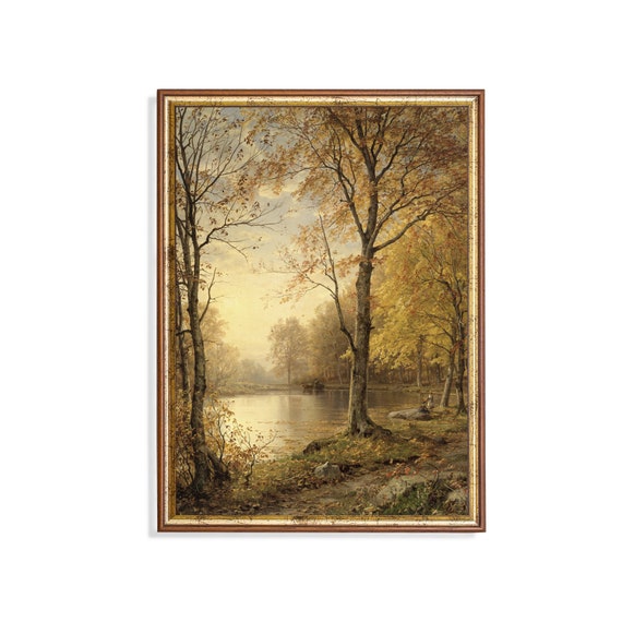 Print And Ship Vintage Autumn Landscape Antique Fall Painting Moody Rustic Print Mailed Art Country Scenery Farmhouse Decor