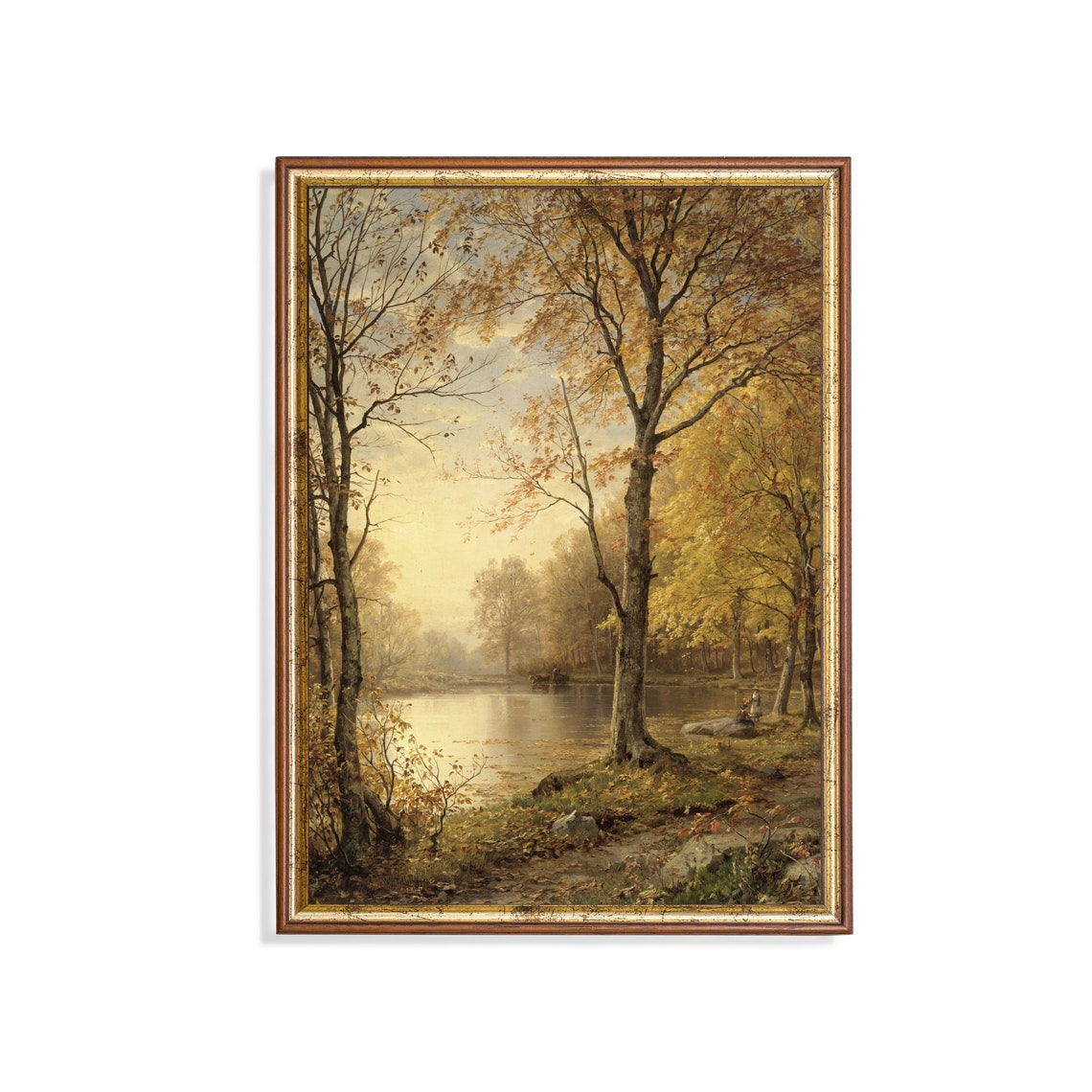 Autumn Forest By A Lake With Anglers Vintage Fall Landscape Oil Poster