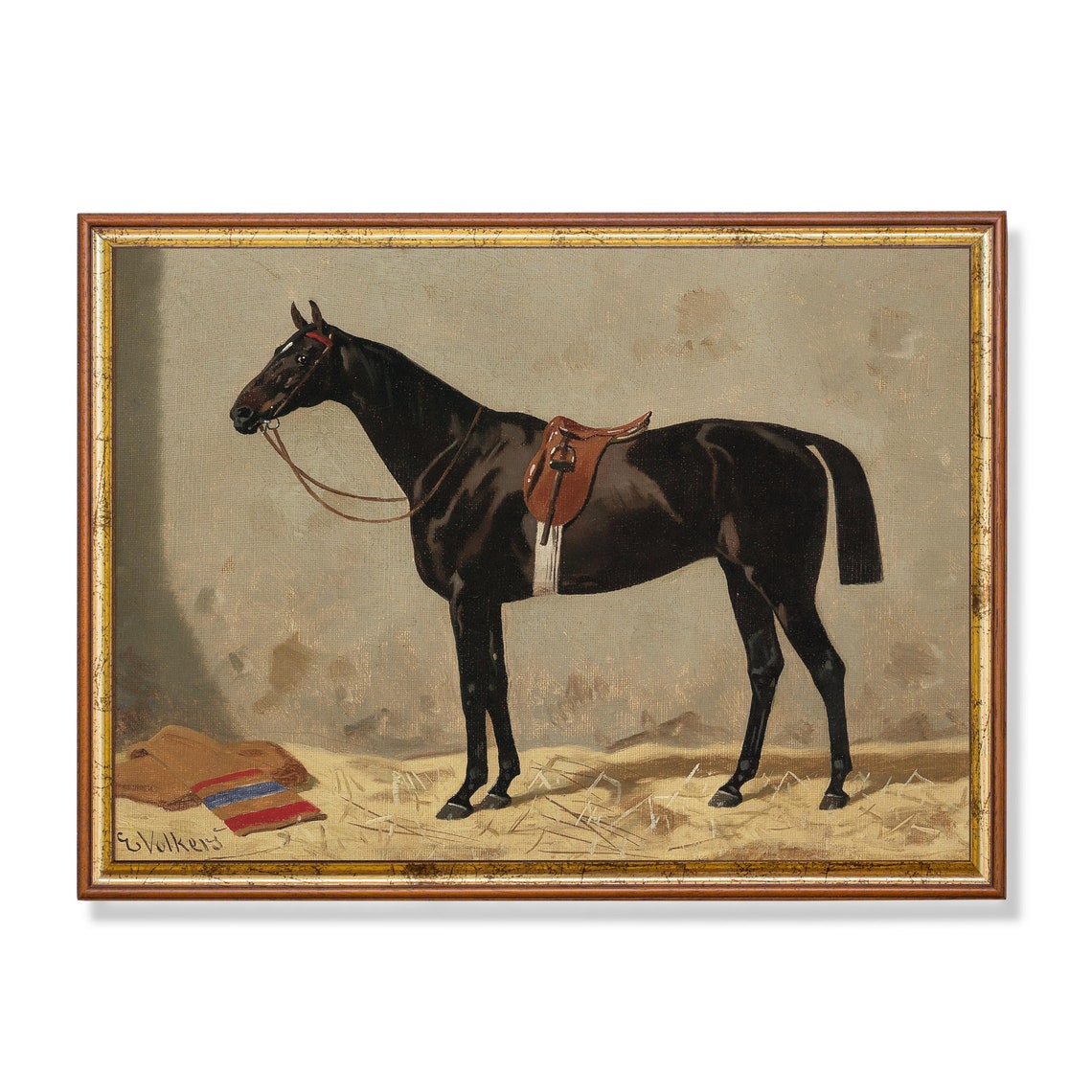 Black Saddled Horse Stable Straw Emil Volkers Vintage Poster
