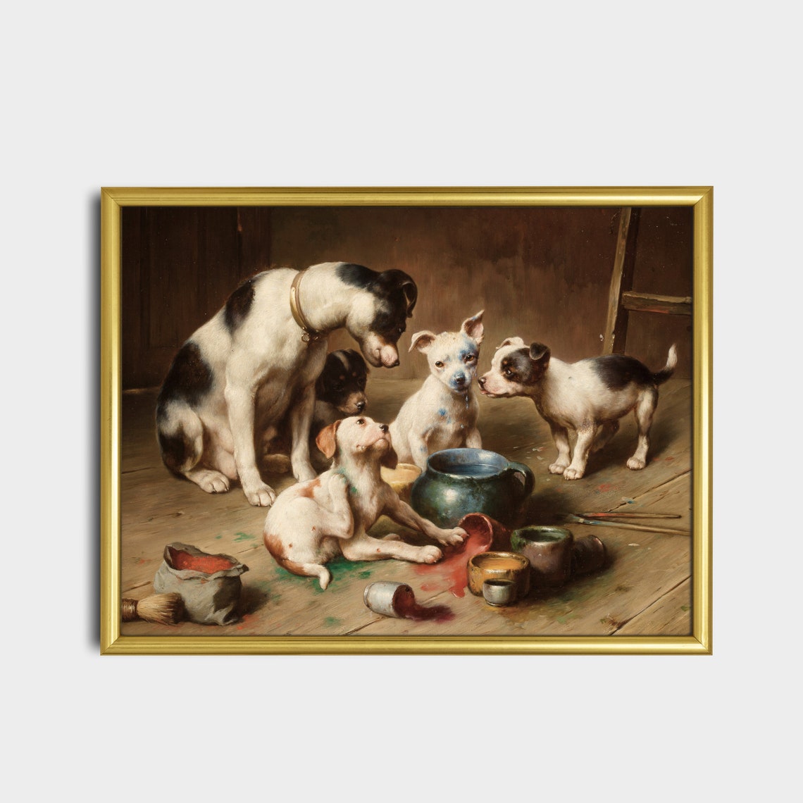 Funny Puppies Spilling Paint Pots Mischievous Dog Painting Poster - Image 2
