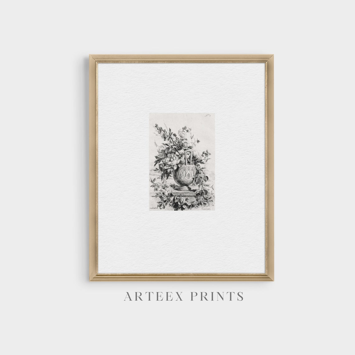 Black and White Floral Etching of Flowers in an Urn Vintage Art Print - Image 4