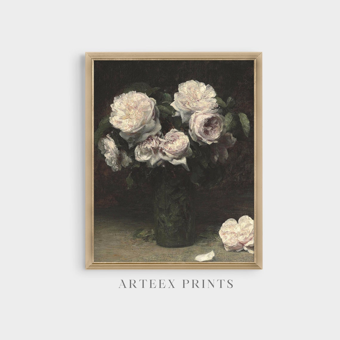 White Roses in a Dark Glass Vase Still Life Vintage Oil Poster - Image 5