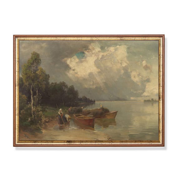 Mailed Print Vintage Landscape Painting Antique Country Landscape Moody Rustic Lake Fine Print Farmhouse Decor Printed And Shipped