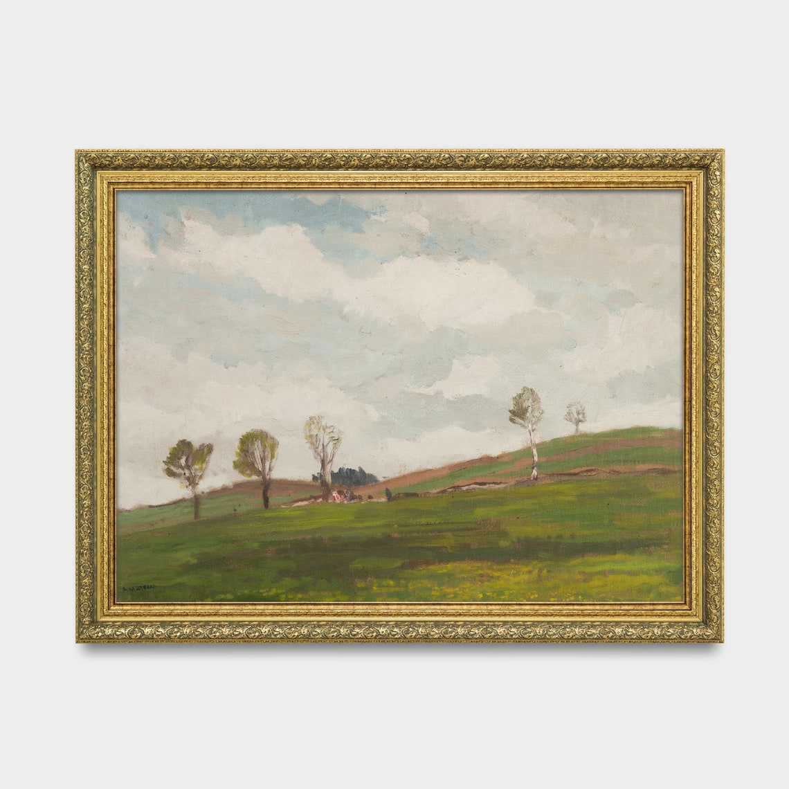 Green Spring Meadow Scattered Trees Big Sky Antique Landscape Print - Image 2