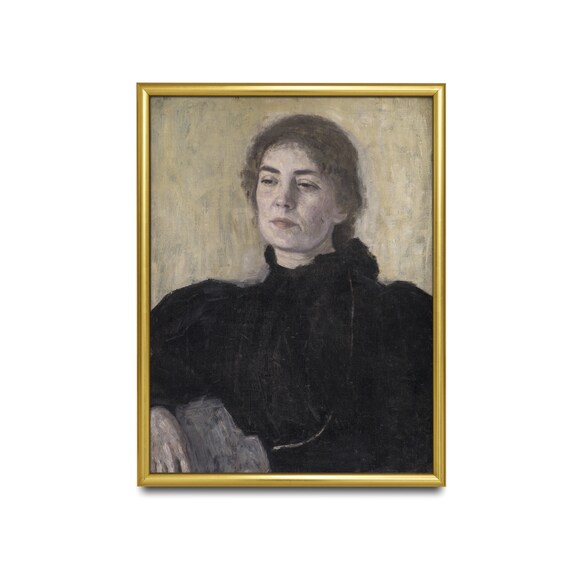 Moody Woman in Black High Collar Vintage Expressive Portrait Oil Art Poster