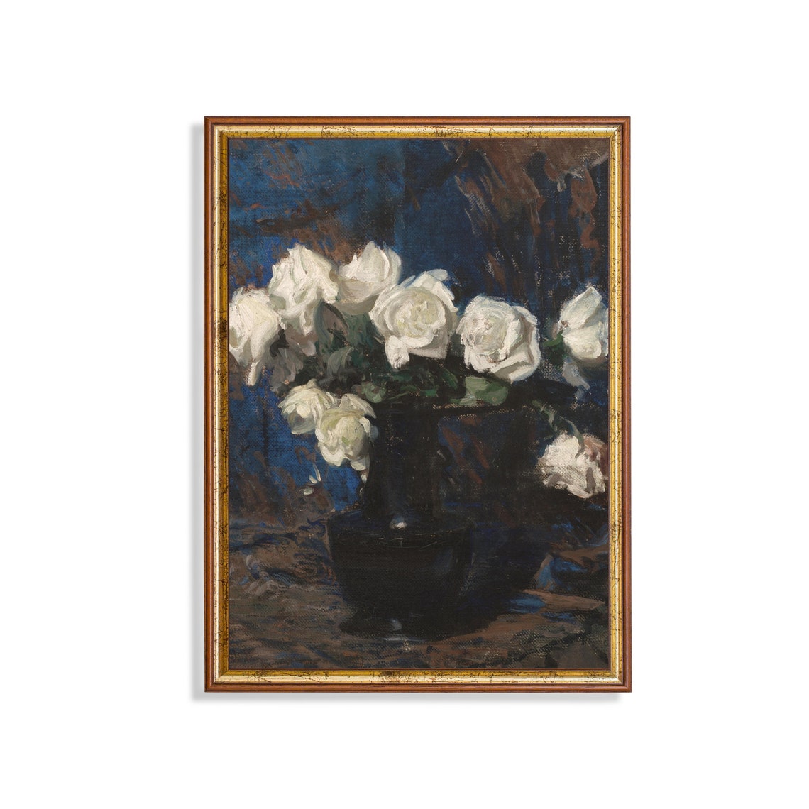 White Roses in a Dark Vase Moody Impressionist Painting Poster