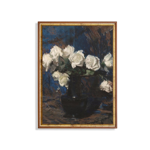 Vintage Still Life With Flowers Antique Floral Painting Rustic Moody Fine Print Instant White Roses Wall Art