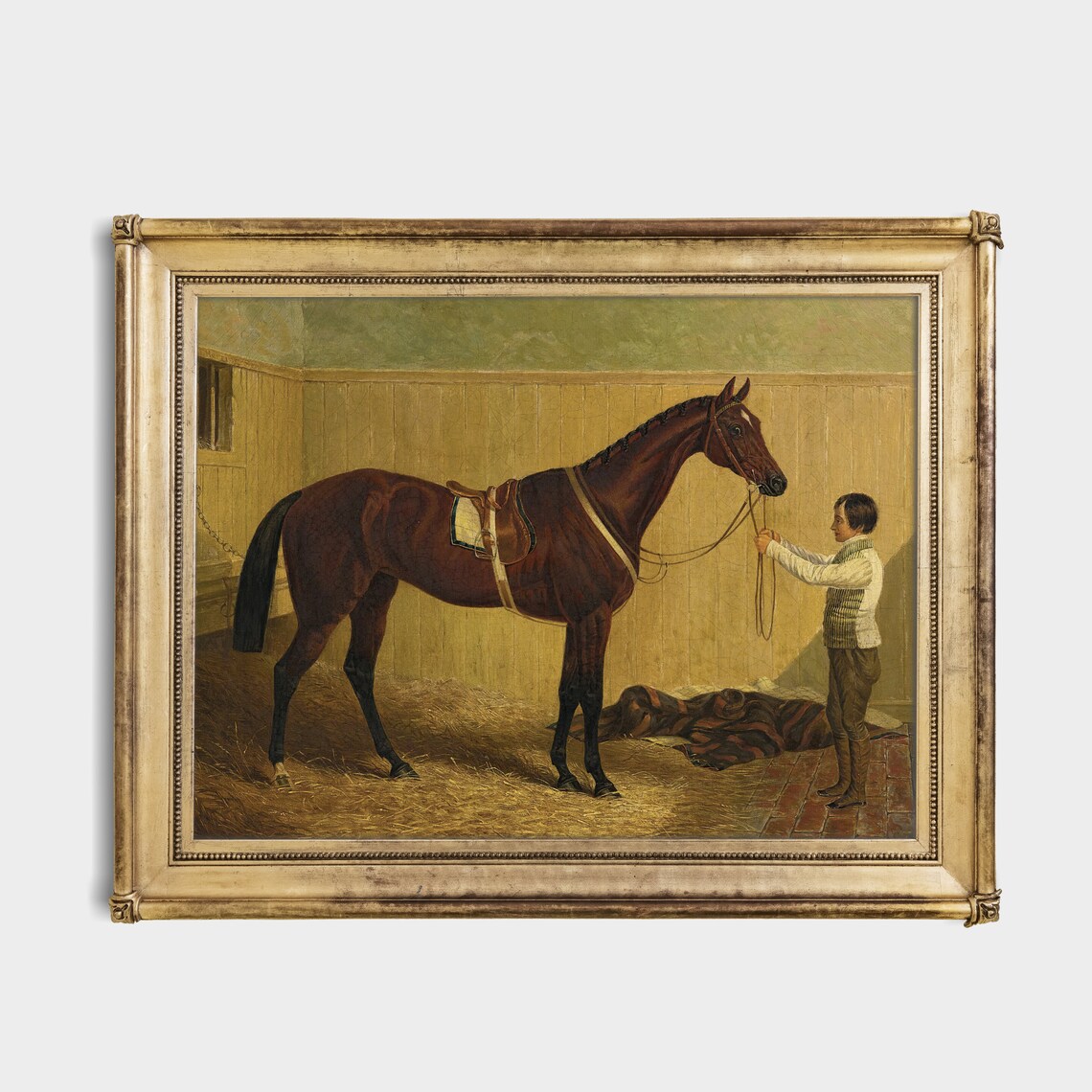 Bay Racehorse with Stable Lad Holding Lead Antique Oil Poster - Image 2