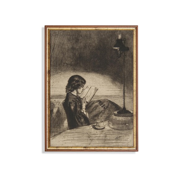 Woman Reading by Lamplight at Night Antique Style Etching Poster