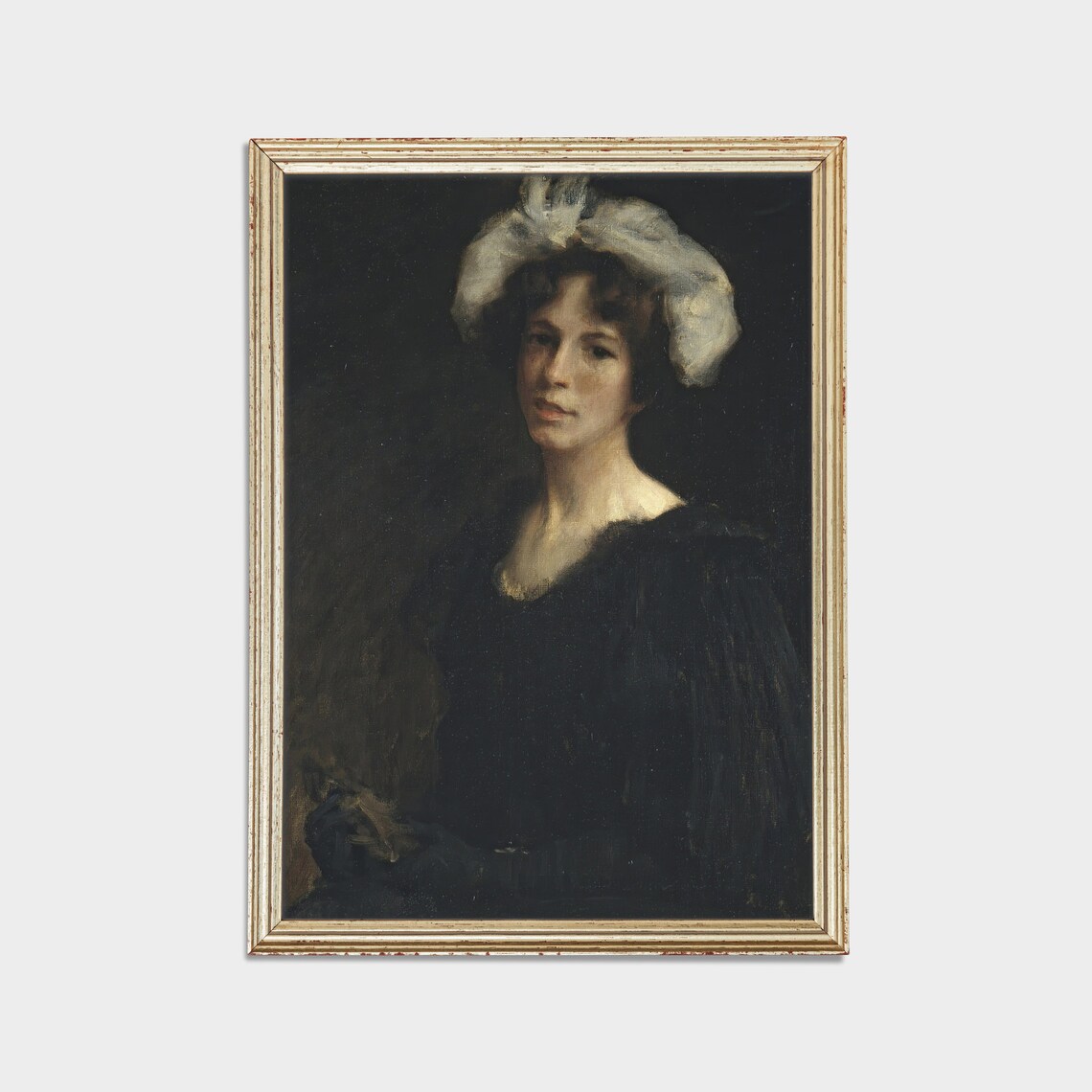 Woman in White Headscarf Dark Oil Vintage Portrait Painting Poster - Image 2
