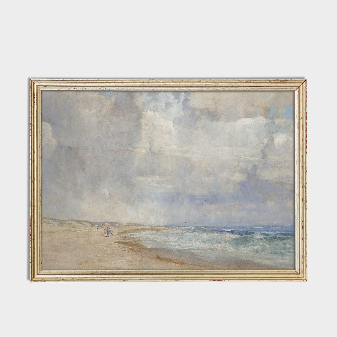 Wide Sandy Beach Under Towering Clouds Vintage Coastal Painting Poster - Image 2