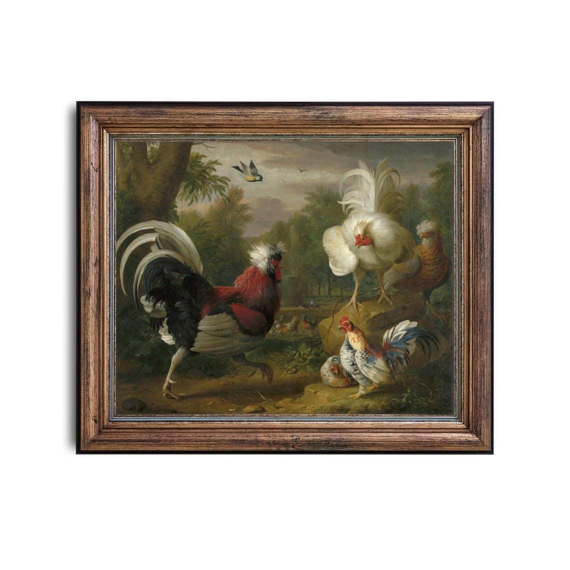 Strutting Roosters and Hens in a Sunlit Farmyard Vintage Poster - Image 2