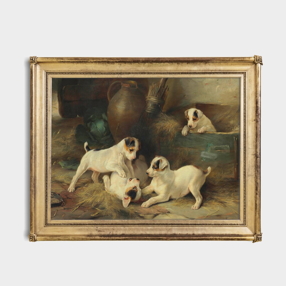 Four Puppies Playing In Hay Vintage Dog Painting Antique Pet Poster - Image 2