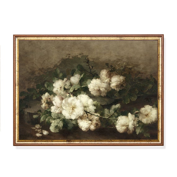 Still Life With Flowers Antique Floral Print Moody Rustic Art Vintage Painting Farmhouse Decor Living Room Art
