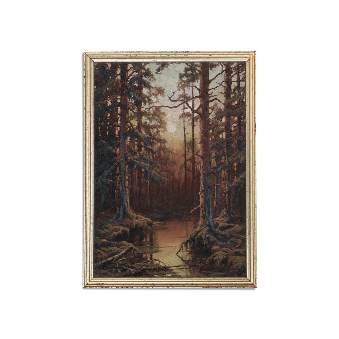 Sunset Glow Through Tall Pines Over a Forest Stream Vintage Poster - Image 3