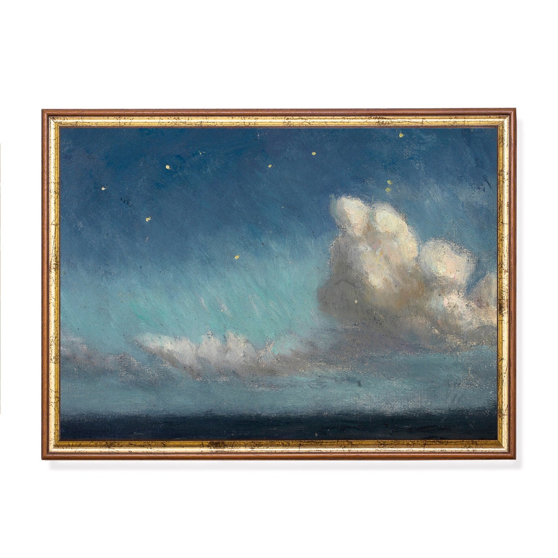 Vintage Moonlight Painting Antique Clouds Print Moody Rustic Fine Artwork Farmhouse Decor Wall Art