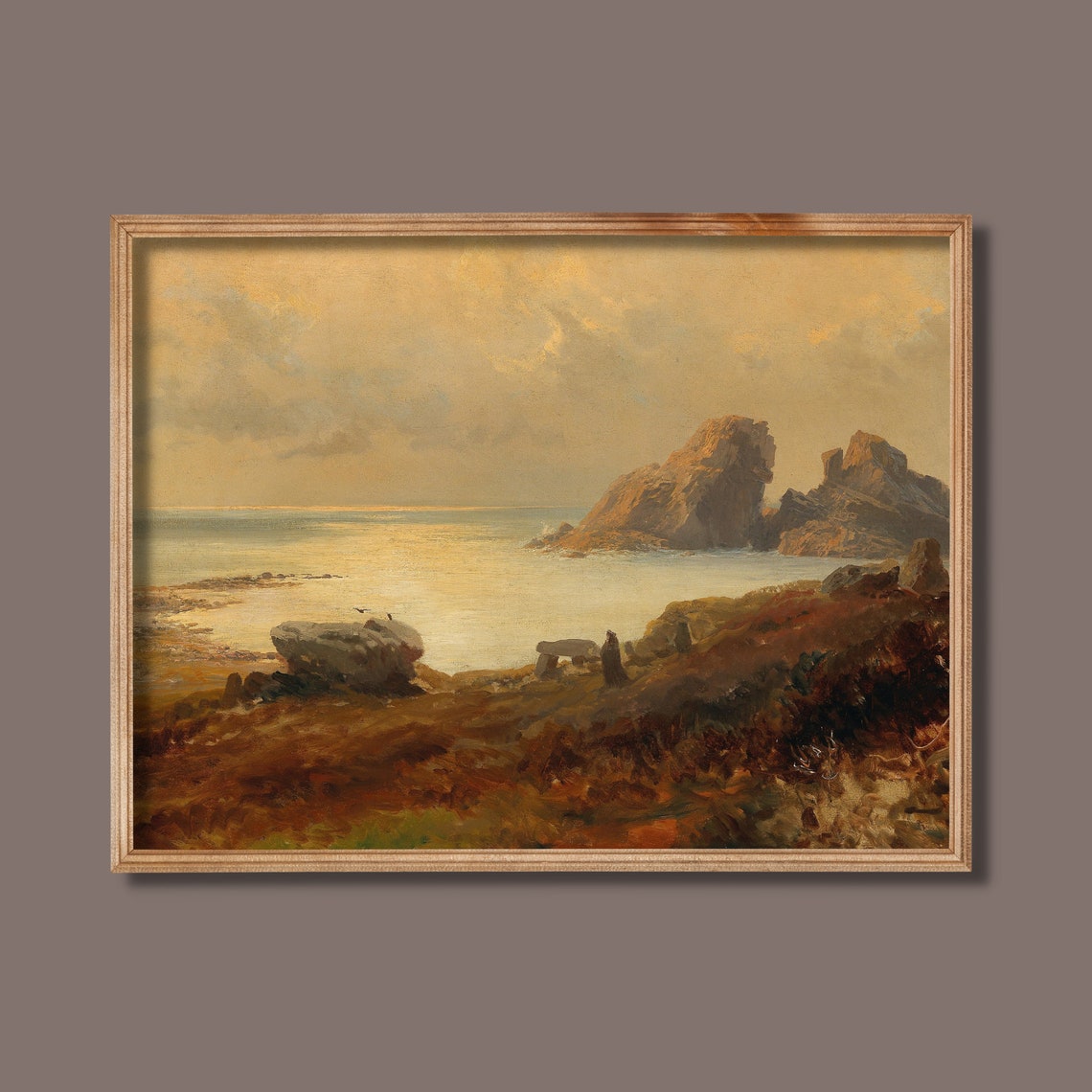 Rocky Coastline at Sunset With Golden Waves Vintage Seascape Poster - Image 2