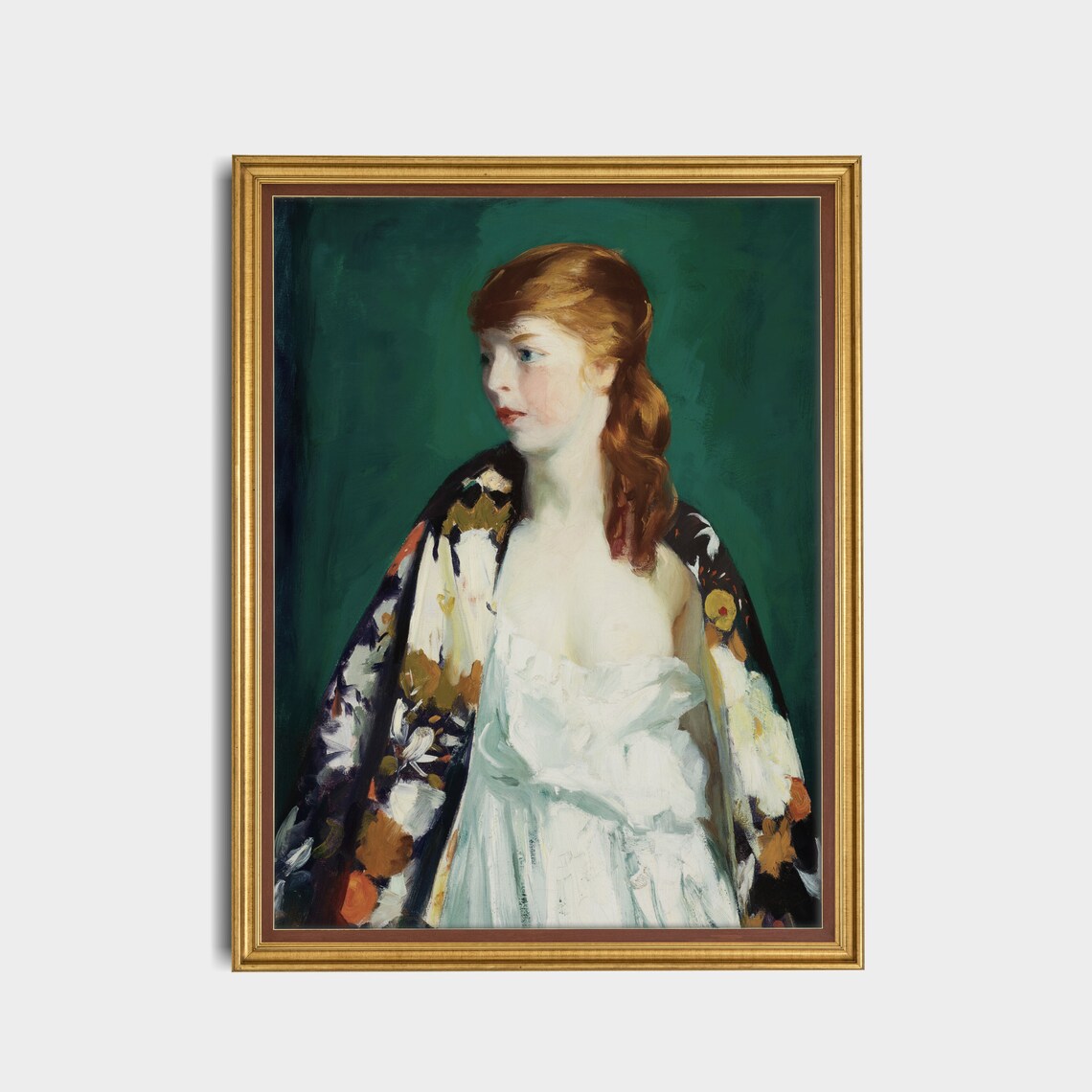 Red Haired Woman In Floral Kimono Portrait Antique Painting Art Poster - Image 5