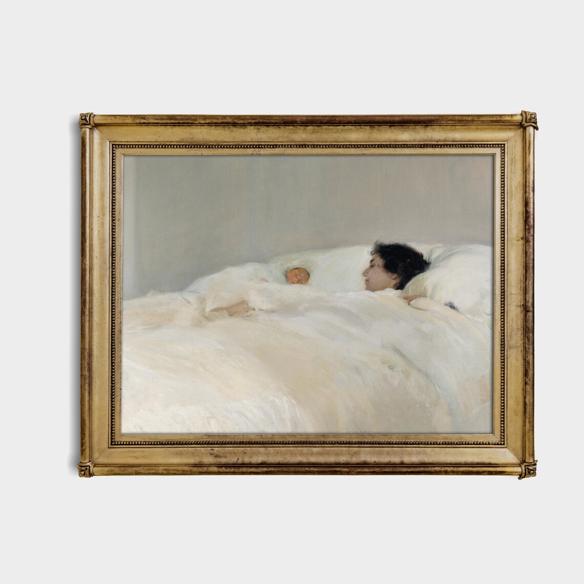 Tender Mother and Baby Resting in White Bed Vintage Nursery Art Poster - Image 4